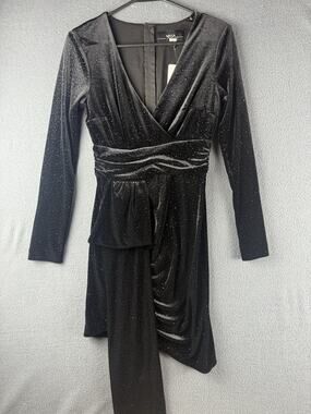 Nissa Evening Stud Embellished Black Velvet Dress Long Sleeves Size US 2
